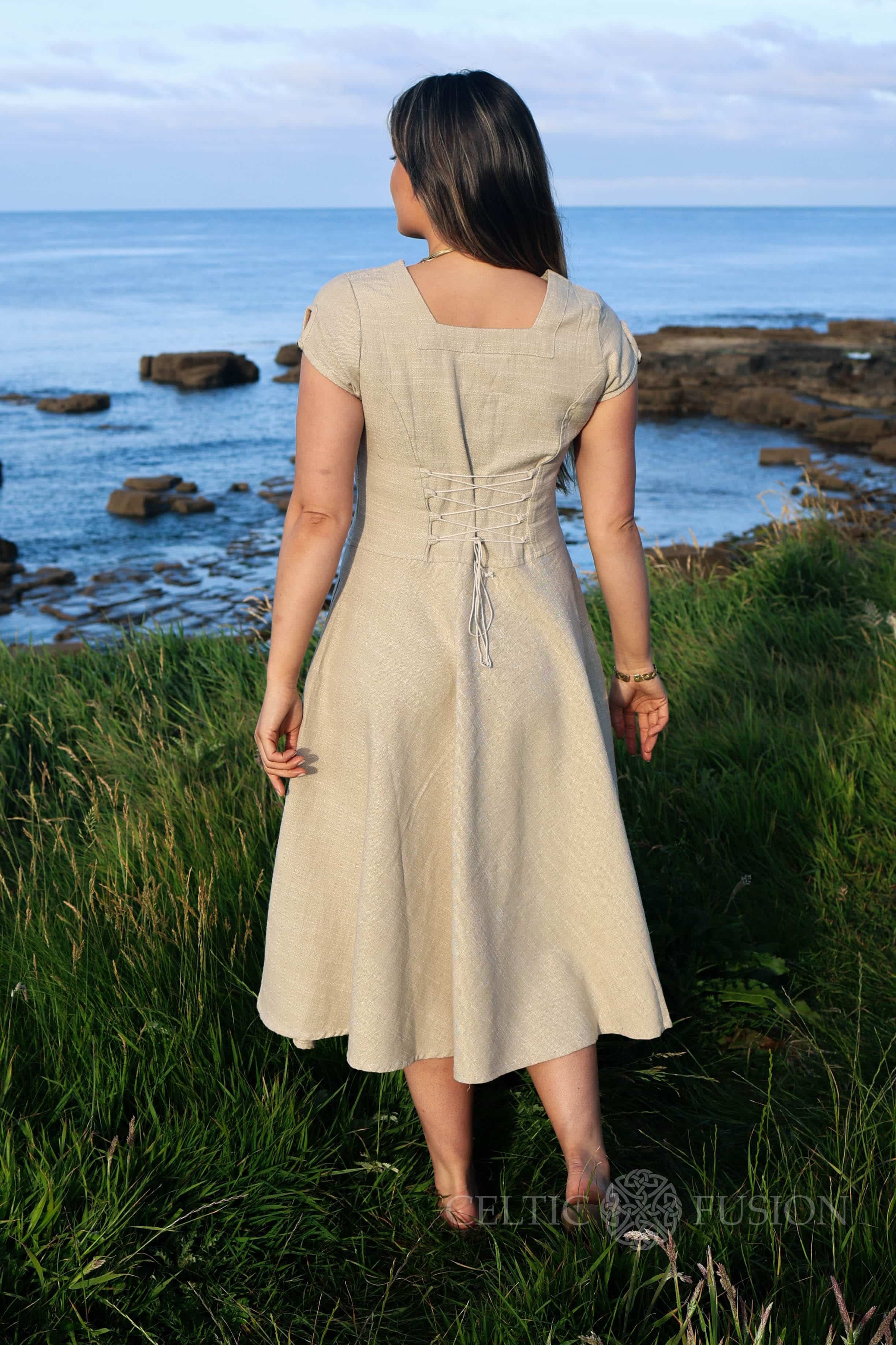 Garden party dress and summer cotton dresses with our elegant beige corset dress, designed by sustainable clothing brand, it has luxurious linen look, and cottagecore dress elements.