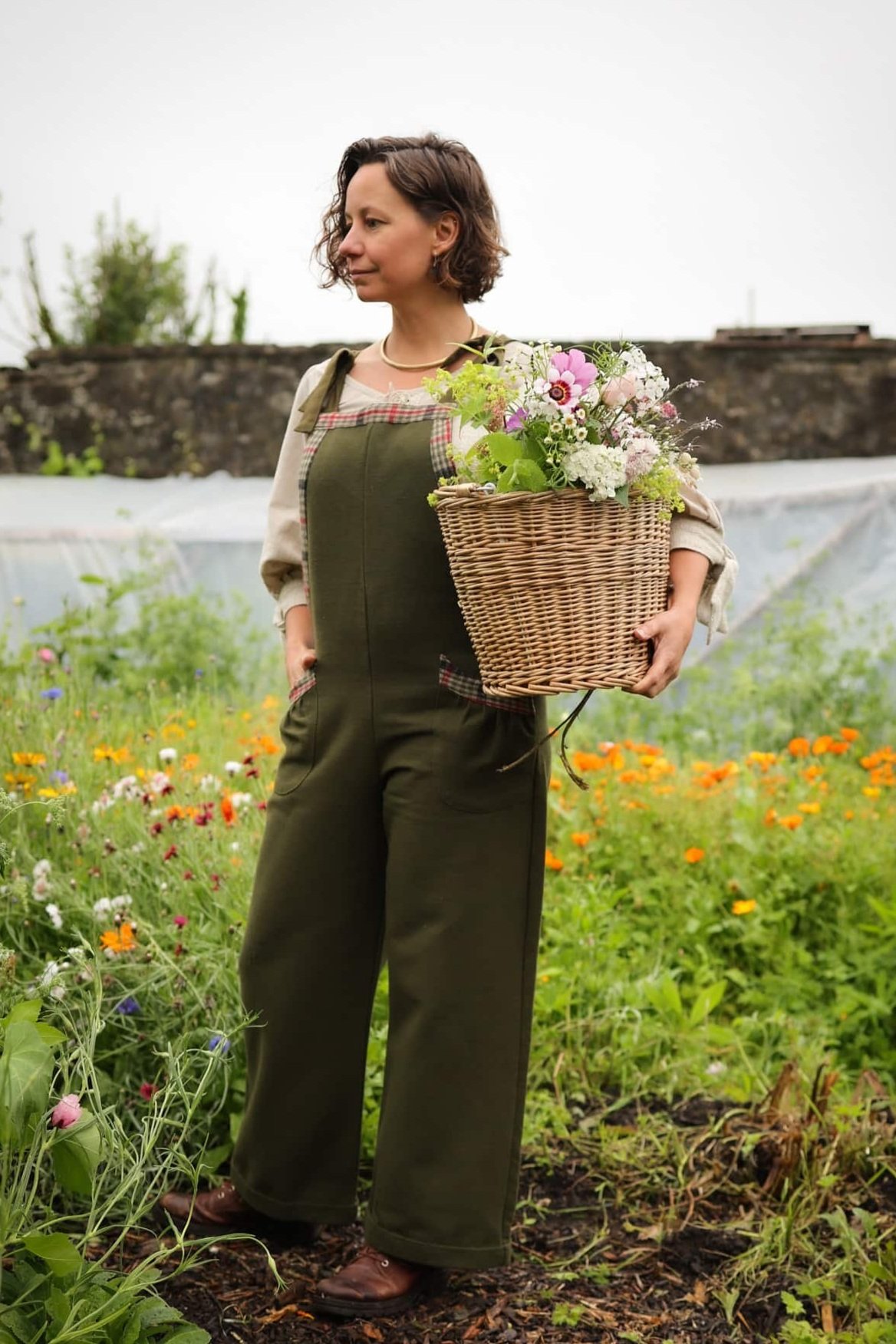 Meadow Green Dungarees – breathable cotton green overalls inspired by folklore fashion and designed for life in the garden or countryside