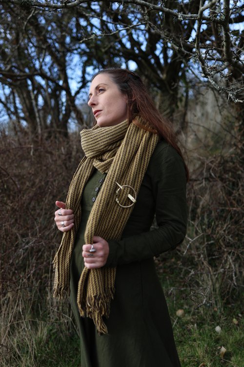 Wolf Head Brooch and handwoven shawl