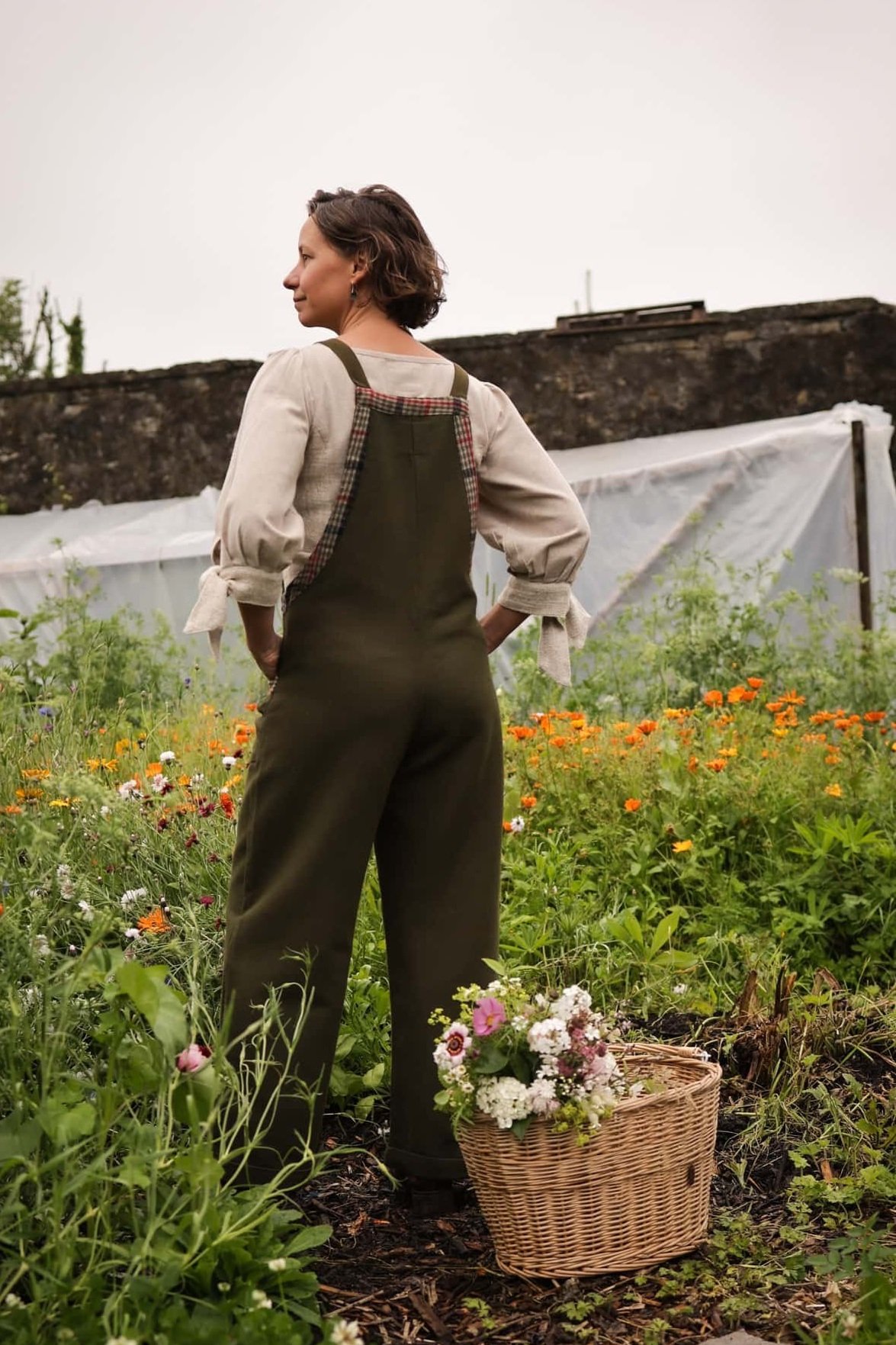 Meadow Green Dungarees – breathable cotton green overalls inspired by folklore fashion and designed for life in the garden or countryside