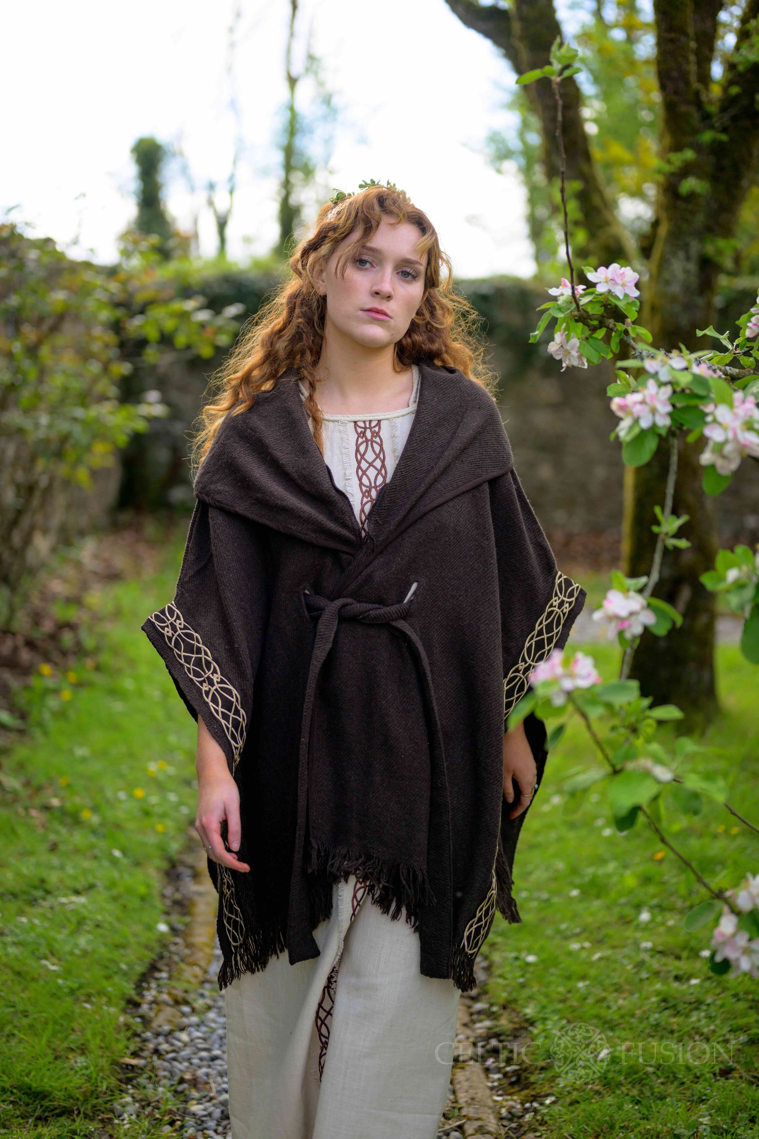 Celtic clothing dark and earthy druid cape in brown with Celtic embroidery designed by Celtic Fusion