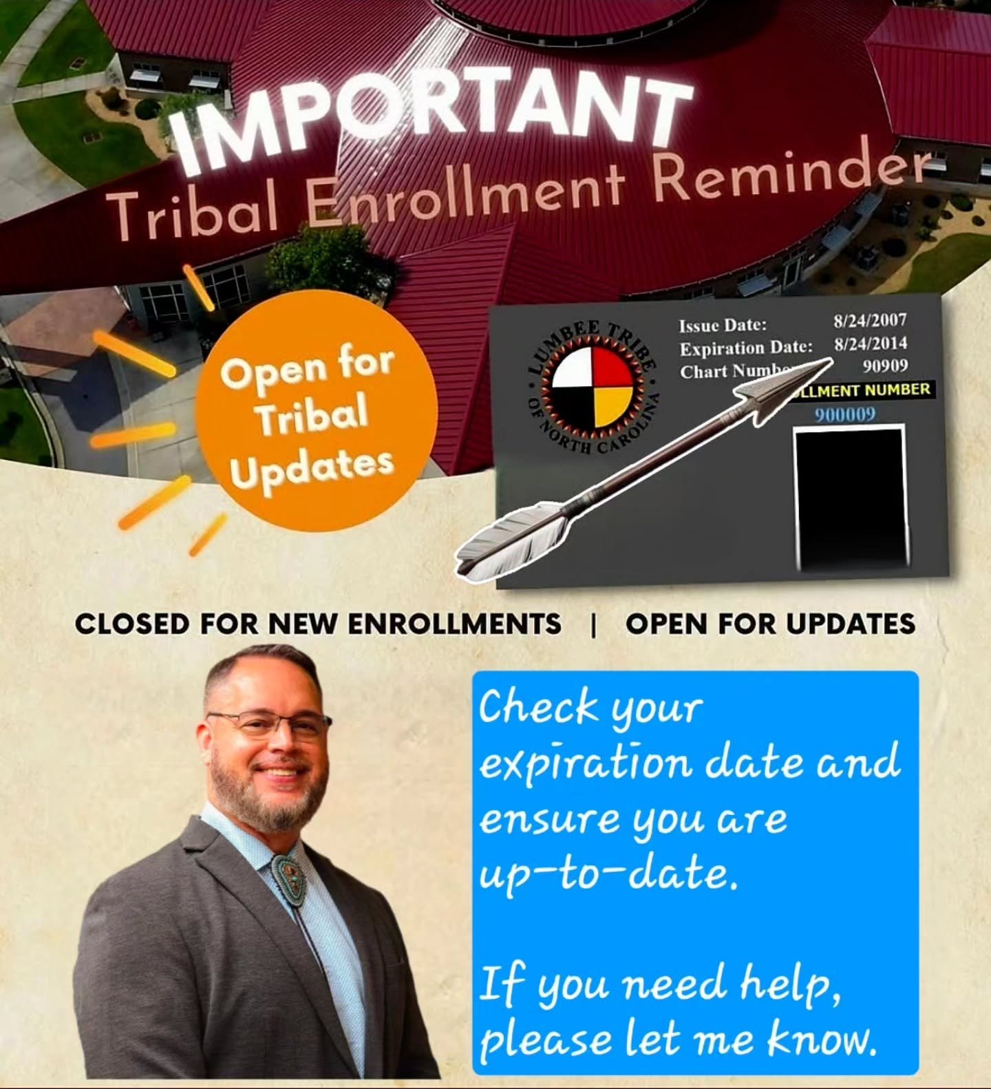 📣 District 12 and beyond — this one’s for you! 🪶📄
🗓️ Take a moment to check your Lumbee Tribal Enrollment card — is your expiration date coming up or already passed? ⏳
✅ If you need to update your info, now’s the perfect