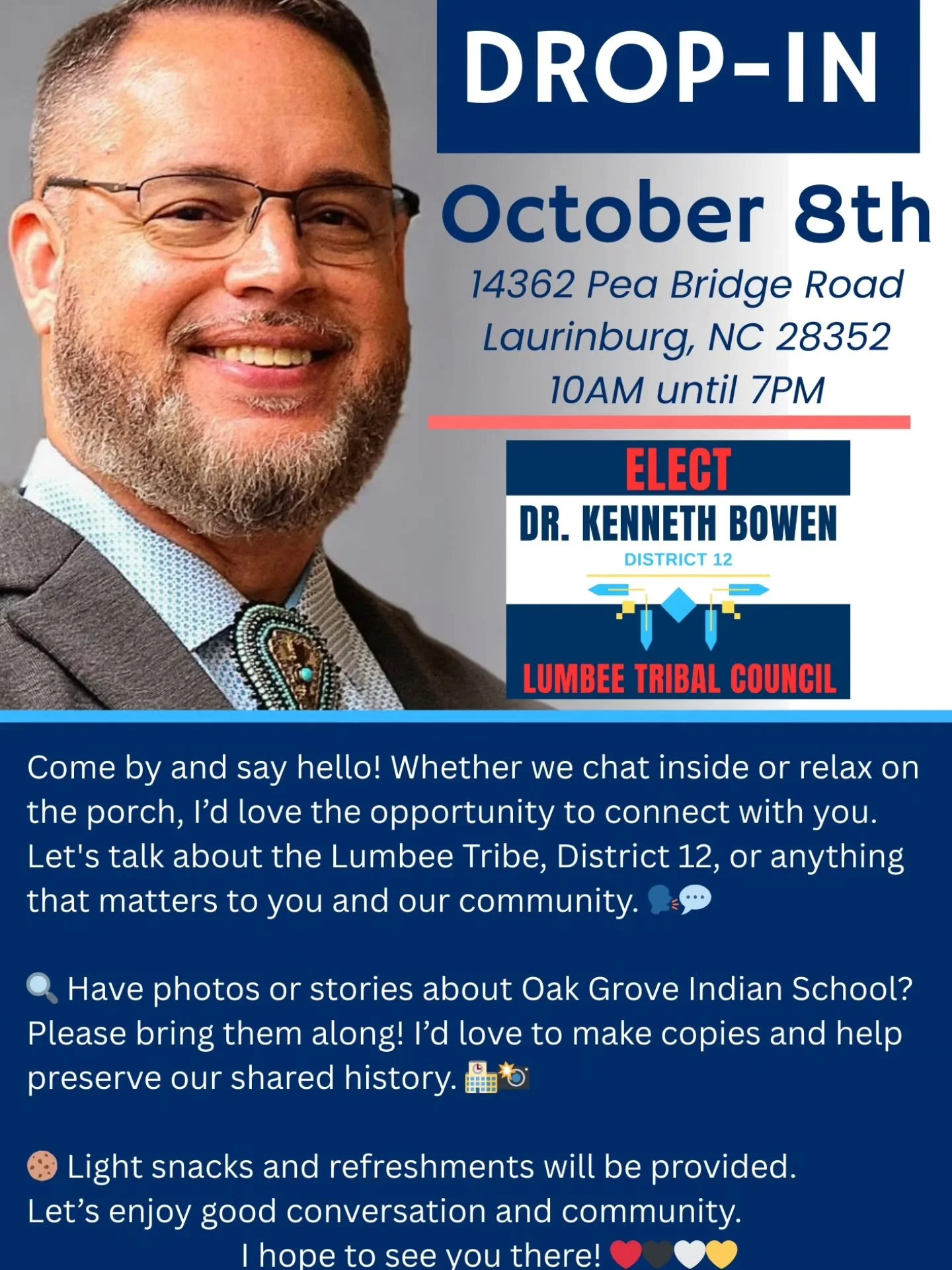 🎉 You're Invited!
Meet & Greet with Dr. Kenneth L. Bowen
🗓️ Wednesday, October 8th
🕙 Drop in anytime between 10:00 AM – 7:00 PM
📍 14362 Pea Bridge Road, Laurinburg, NC 28352
Come by and say hello! Whether we chat inside or relax on the