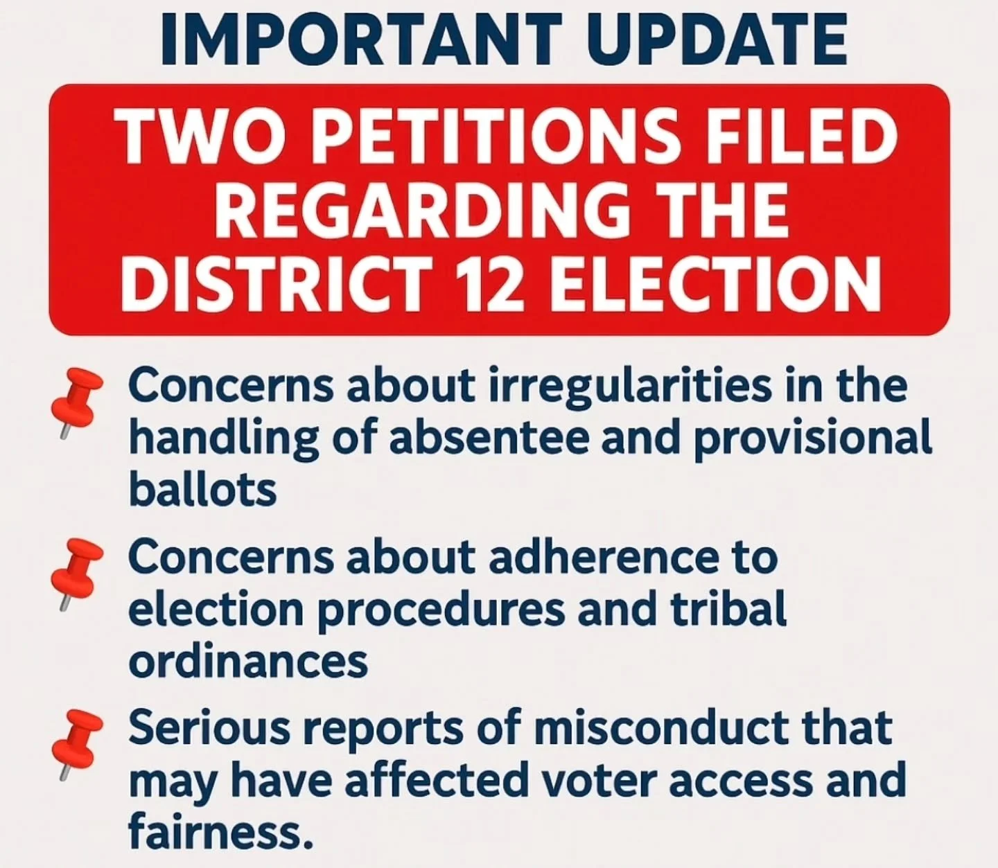 📄 Important Update: Two Petitions Filed Regarding the District 12 Election 📄

I&rsquo;ve continued to receive many questions about the election, so I want to bring everyone up to date. I did file two petitions with our Lumbee Supreme Court regardin