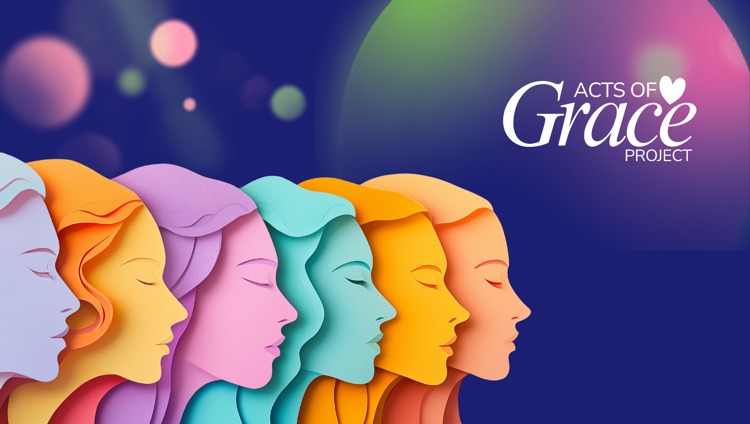 Graphic illustration of women’s faces back to back, symbolizing collective care, connection, and wraparound support systems for women and mothers.