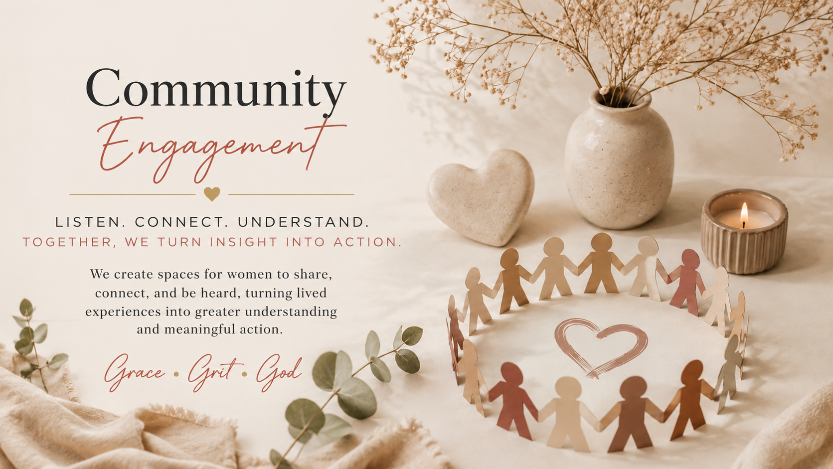 Acts of Grace Project community engagement, creating spaces for women to share, connect, and be heard while turning lived experiences into greater understanding and meaningful action.