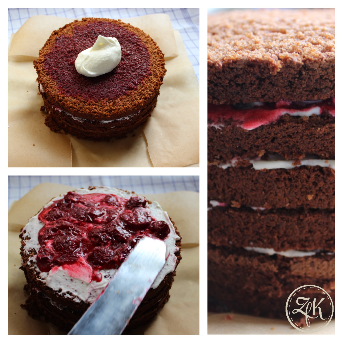 Schicht für Schicht...die einzelnen Schokoböden mit Kirschsaft, Buttercreme und Kirschen bestreichen. Ausnahme bildet einzig der "Deckel", der pur auf die Torte kommt und nur mit Buttercreme bestrichen wird.