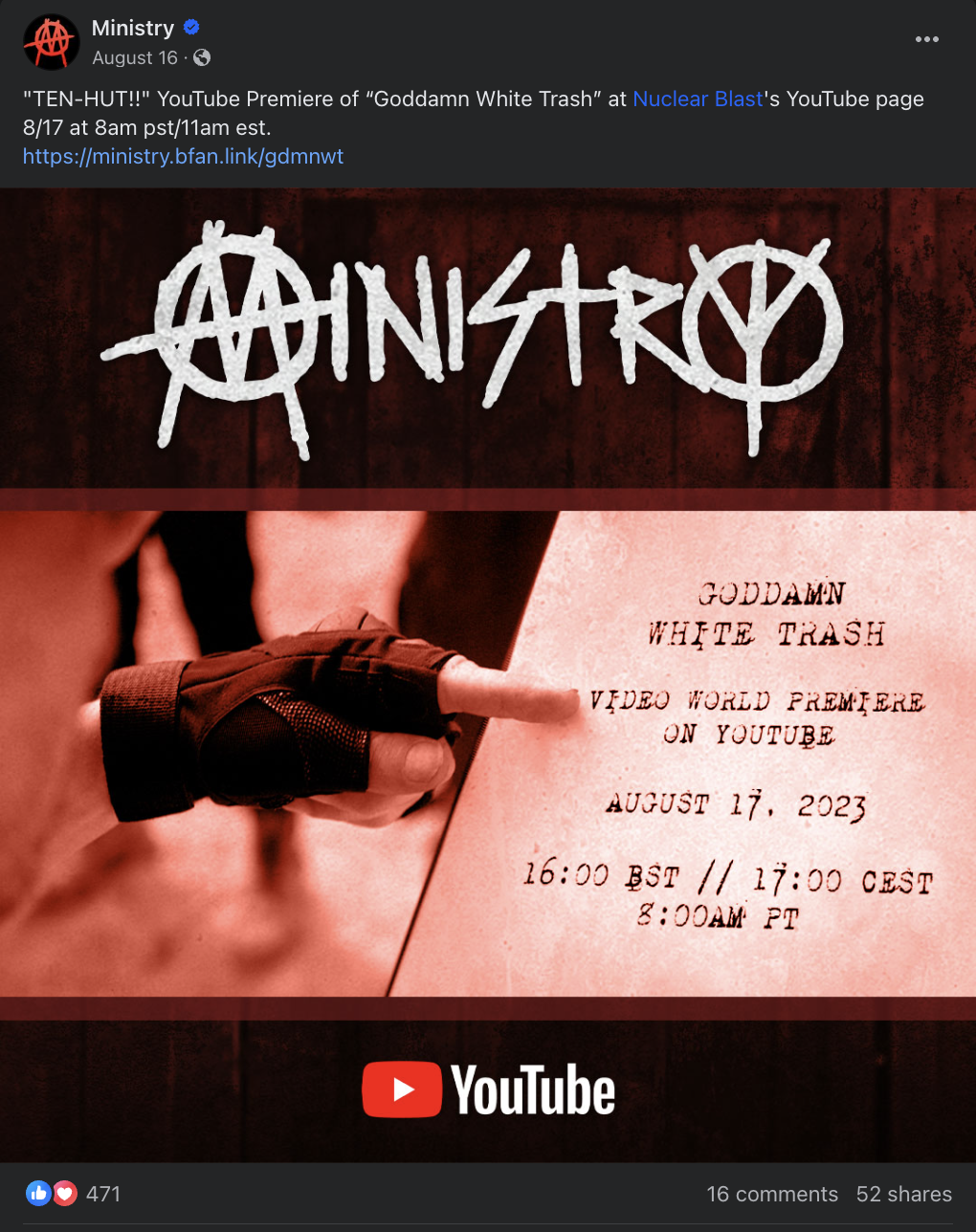 Ministry | Goddamn White Trash | Post #3 - YouTube Premiere Reminder