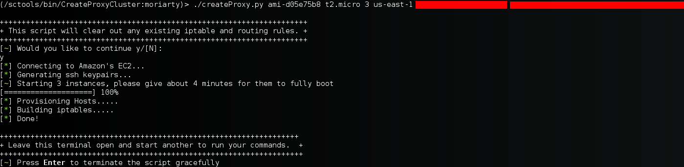 An example of the script starting up 3 ami-d05e75b8 (ubuntu) instances on t2.micro hardware in the us-east-1 region.