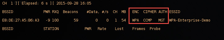 Example: airodump-ng displaying CIPHER and AUTH type, but no EAP information.