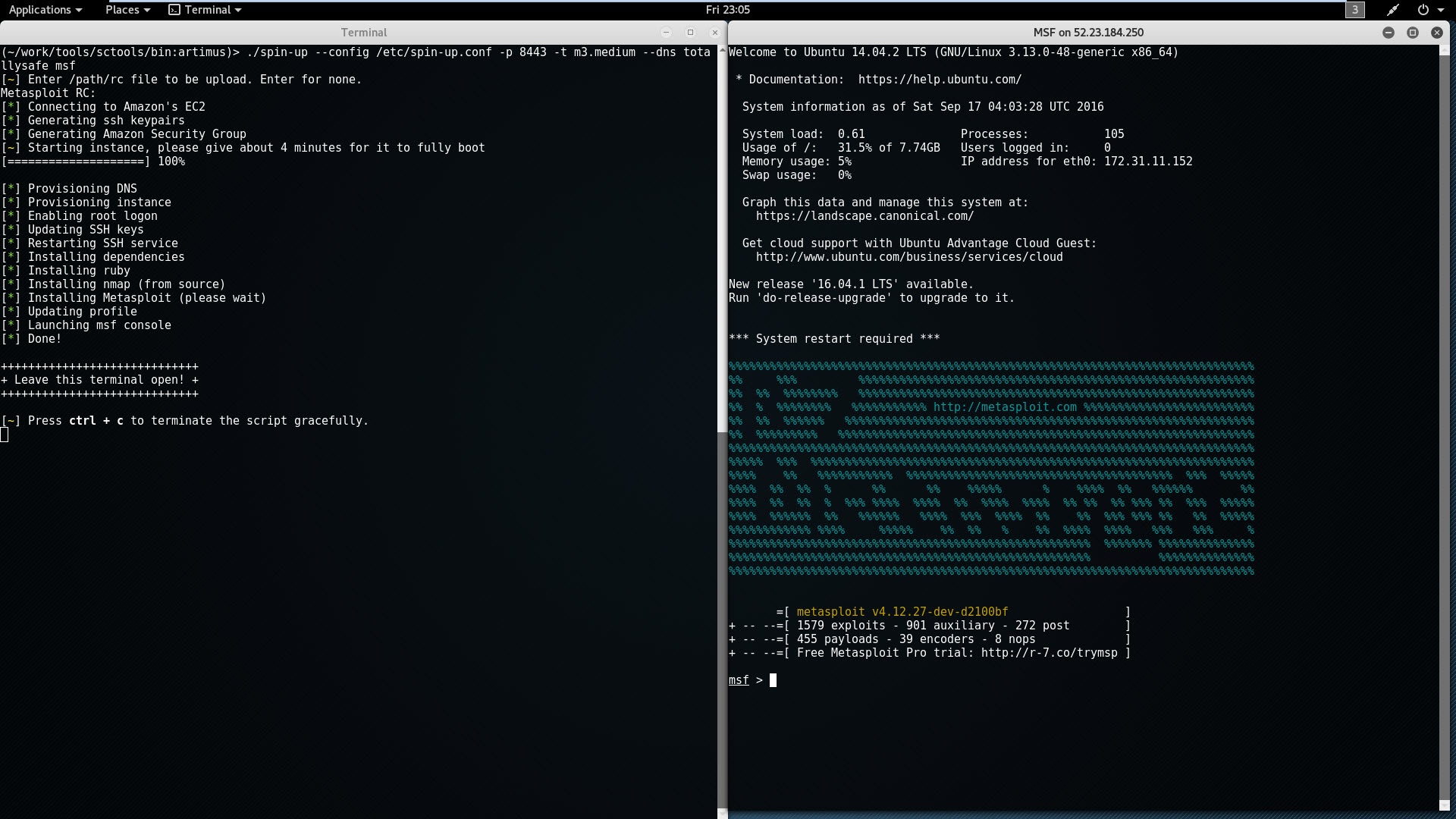 Note: You have the option to load a locally source RC file and have it run on the remote system. Note 2 : Some instances require more horse power so for MSF you must use a m3.medium instance or greater. 
