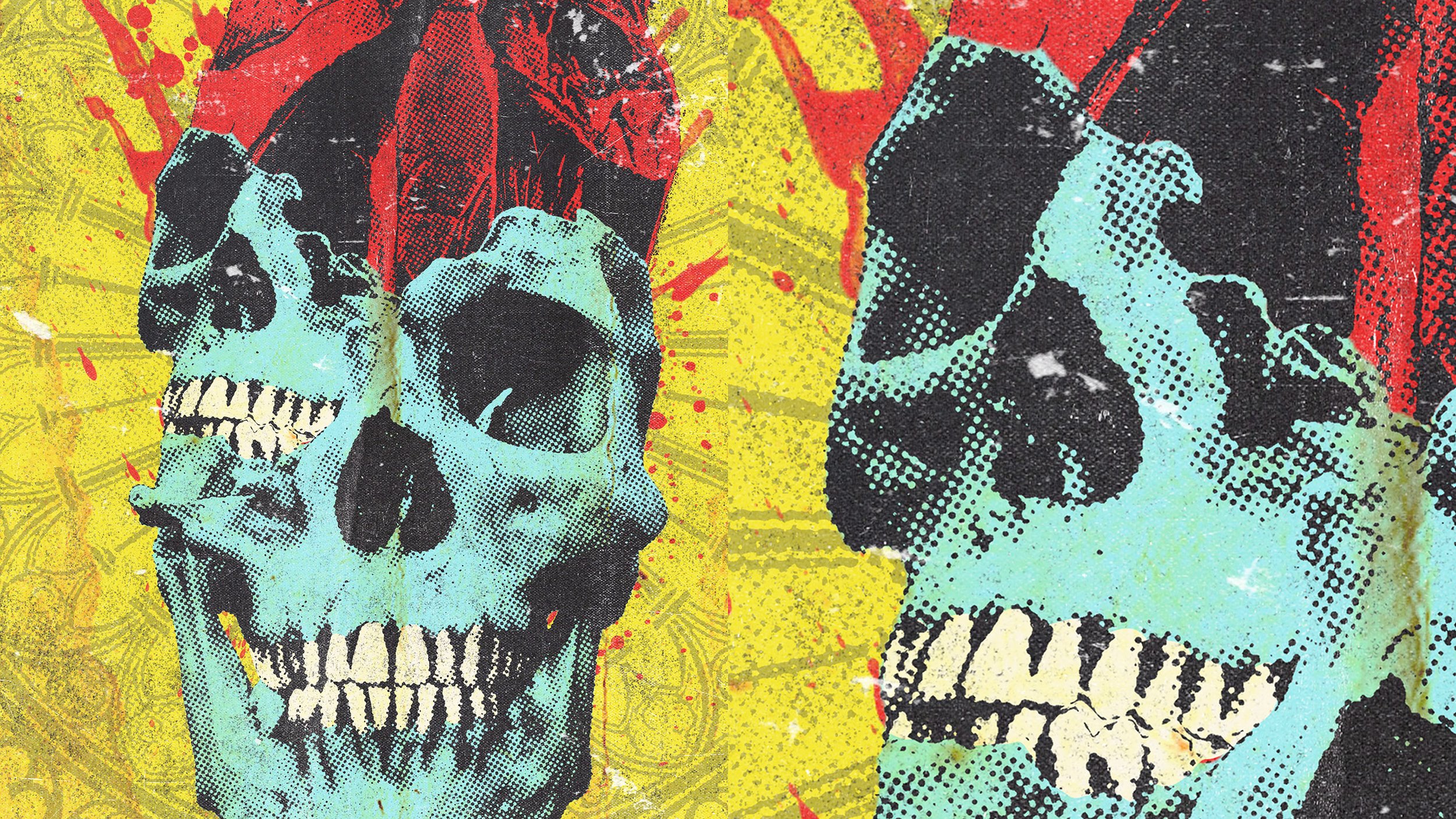 The sacred meets the profane through a subtle stained-glass window backdrop contrasted with a surreal collage of skulls and heart explosions, creating a striking and thought-provoking visual tension.