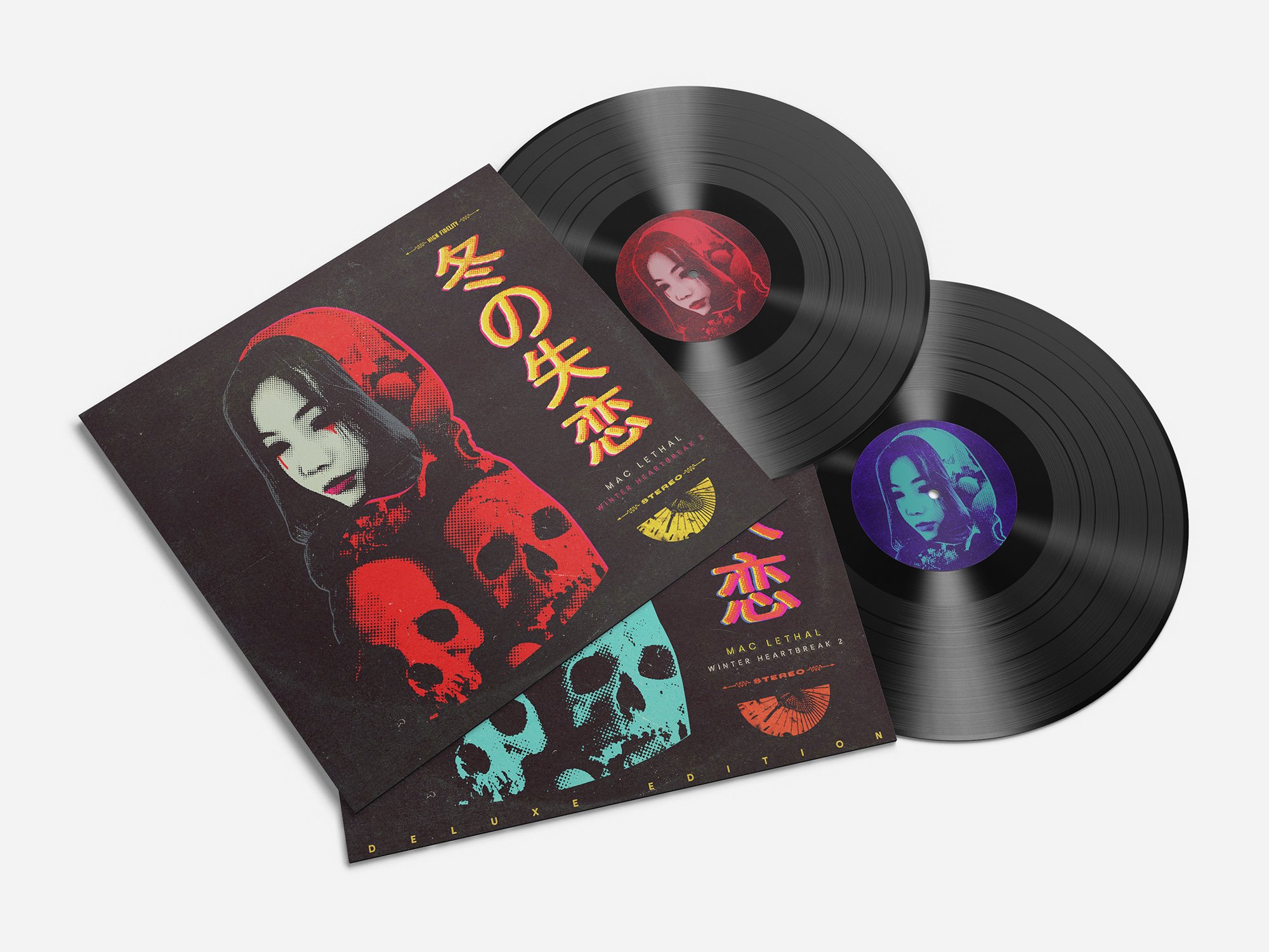 A mix of halftones, vintage colors, kanji lettering, and horror-inspired imagery create an analog, retro aesthetic that nods to classic print and cult cinema.