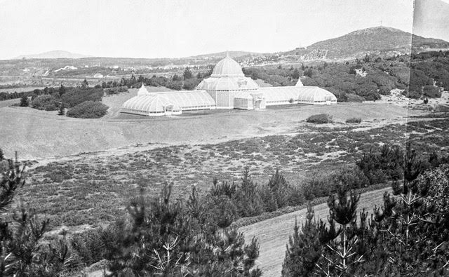  Conservatory after completion, 1879. Oak Woodlands, Lone Mountain and Odd Fellows Cemetery in background. Image from 35mm copy negative. Isaiah Taber photographer. 