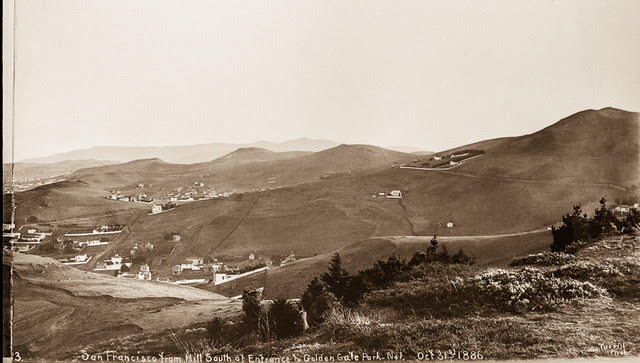  View from the summit of Buena Vista Park looking south to Eureka Valley with Twin Peaks and Corbett Road on the right, 1886. Image from 35mm copy negative. Charles Turrill Photographer.&nbsp; 