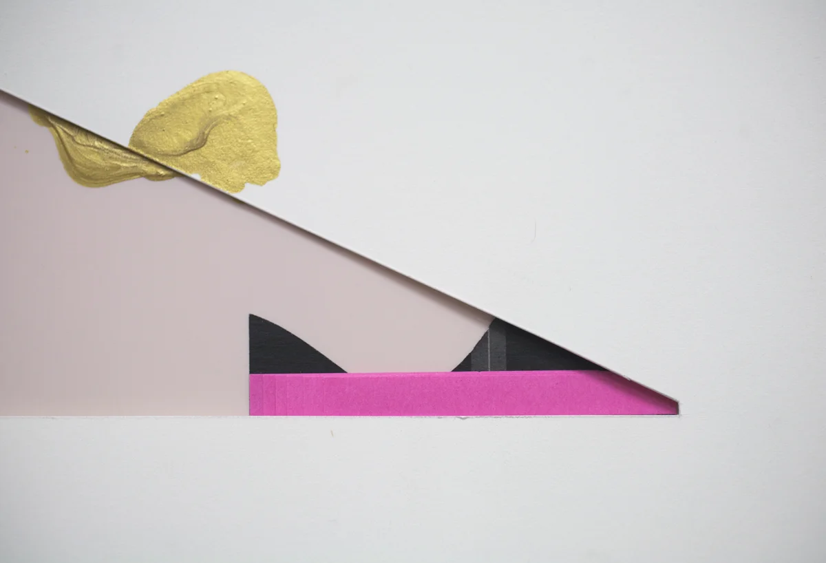 as so above/so below #holidayintheunitedstates2016 series Polyester Pronto Plate, pink tissue paper, xeroxed print, Post-it notes with gold paint on Rives BFK 8”x10” 2016