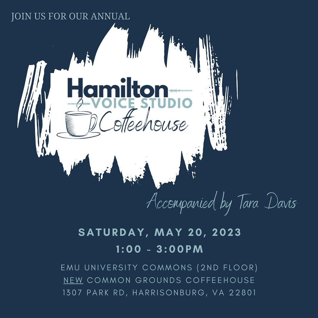 Our Studio Coffeehouse is this Saturday, May 20 at 1:00pm! Come hear 18 HVS singers showcase their hard work!

You&rsquo;ll hear songs from Golden Hour to Burn from Hamilton, and a few classical songs as well. Enjoy coffee and tasty snacks while you 