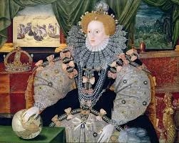 Queen Liz in her poofiest glory, as the Armada takes place outside the window, apparently...