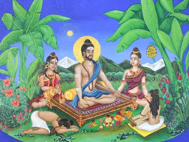 Illustration of Abhinava Gupta by Elke Avis, based on Madhurāja's 11th-century description.
