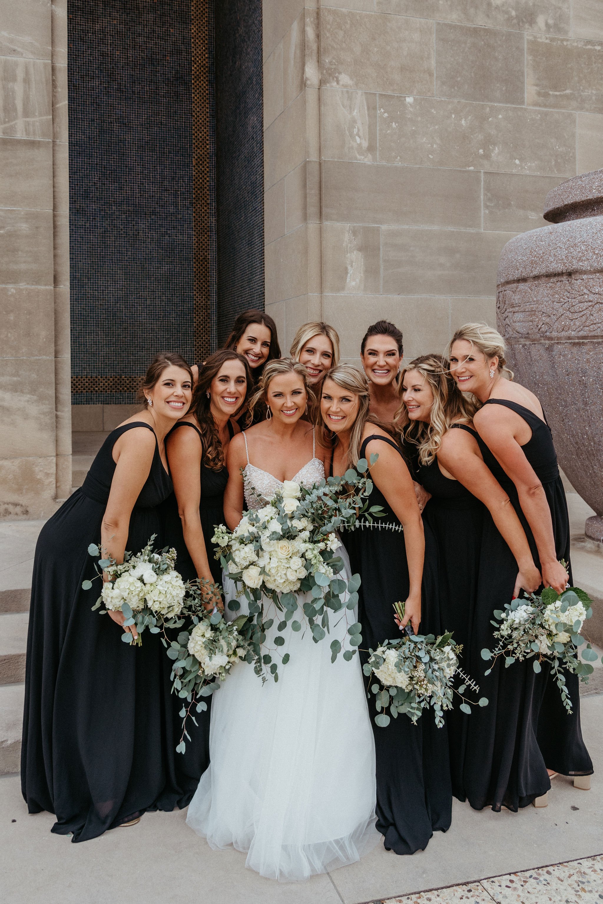 Bridesmaids' bouquets with hydrangea and eucalyptus