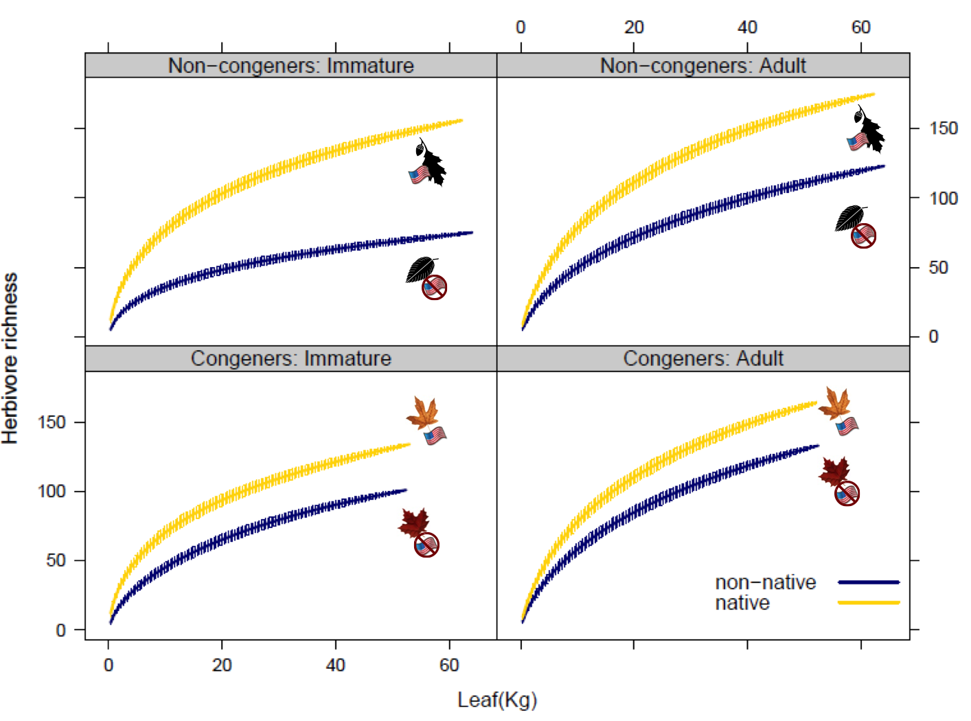 Species accumulation curves for each treatment across common gardens standardized by leaf gram vacuum sampled. The largest reduction in herbivore richness on non-native plants was found in immature insects (e.g. caterpillars, leafhopper nymphs) on non-native plants that do not have a close native relative in the study area.