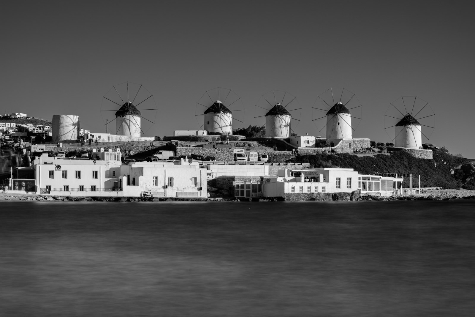 Windmills of Mykonos. Built by Venetians in 16th century to mill wheat; there are 16 windmills on Mykonos, seven of which are on the hill in Chora.