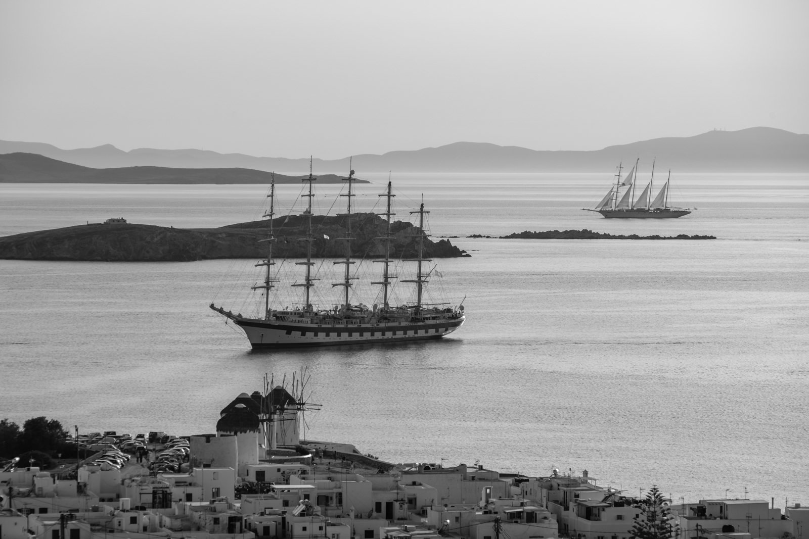 Tall ships visiting harbour of Alefkandra, Mykonos