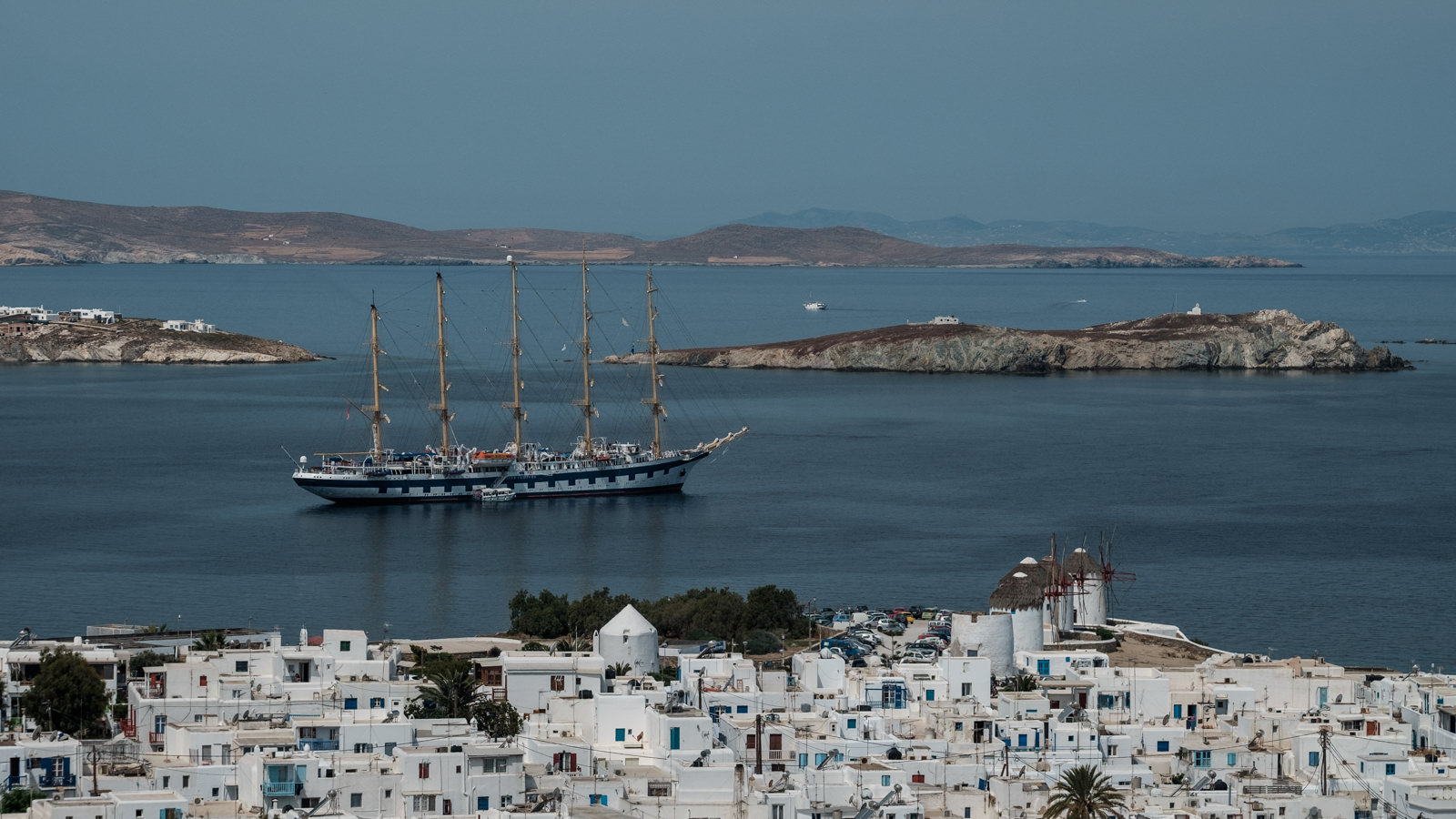 Mykonos, tall ship in the harbour of Alefkandra