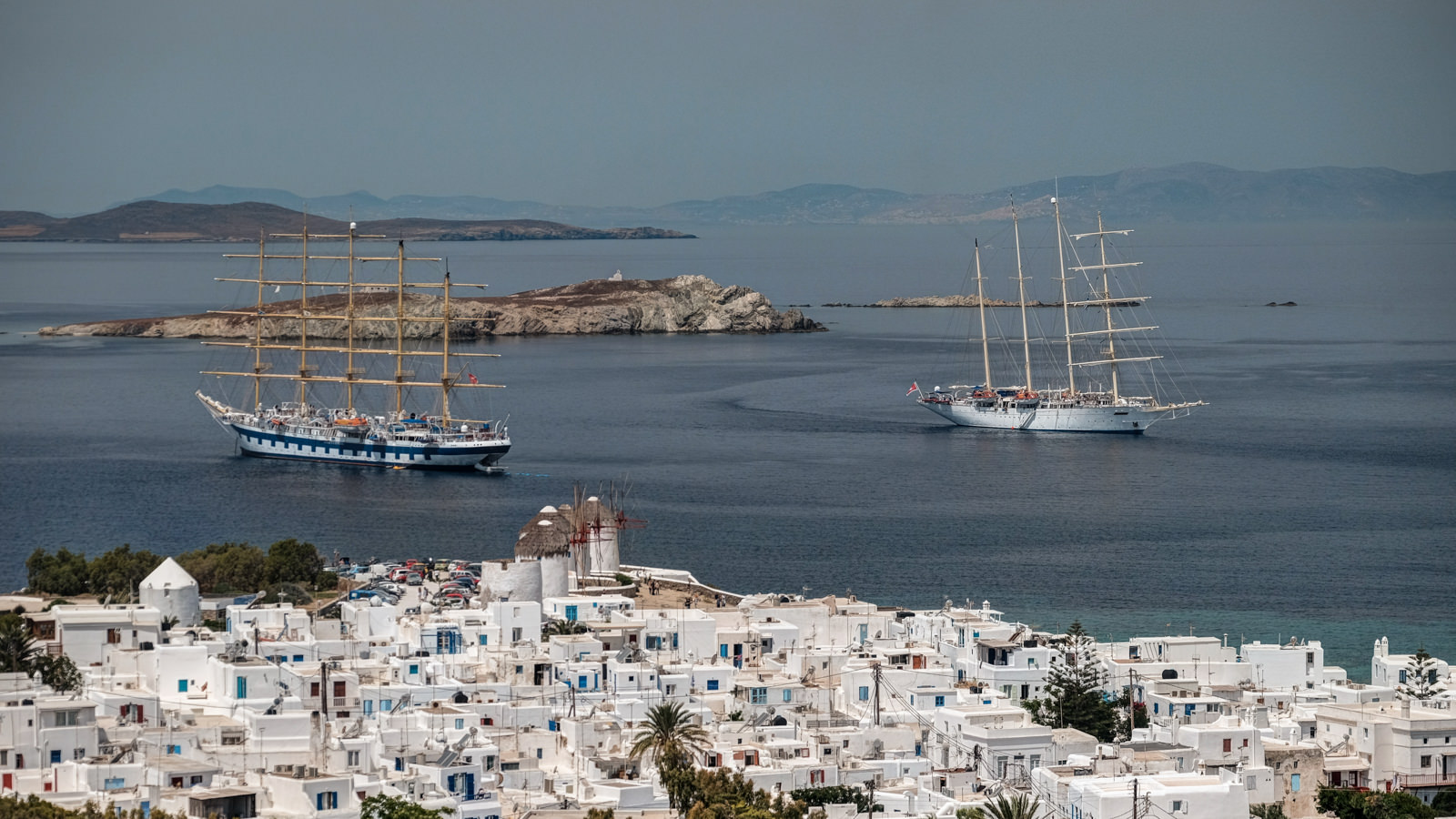 Mykonos, tall ships visiting the harbour of Alefkandra