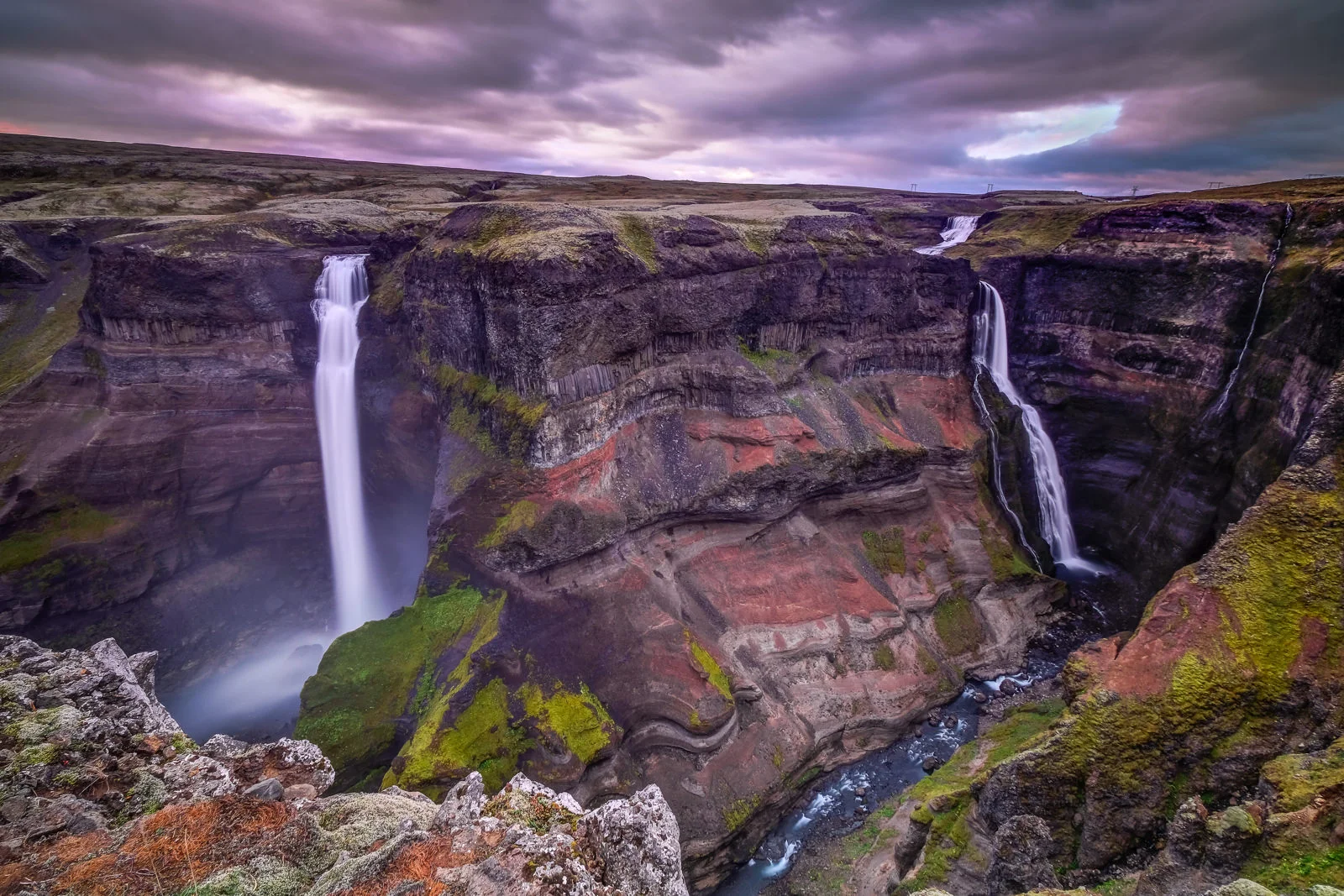 Sunset at the Tall (High) Falls - Haifoss (left, second highest waterfall in Iceland) and Granni (Neighbour, on the right). The river Fossá, a tributary of Þjórsá, drops here from a height of 122 m (Haifoss). The view here is so huge and epic that it is very difficult to get it all in one shot, so I had to use ultra wide lens. (XF 10-24mm f4 at 10mm 6.5s f11 ISO200)