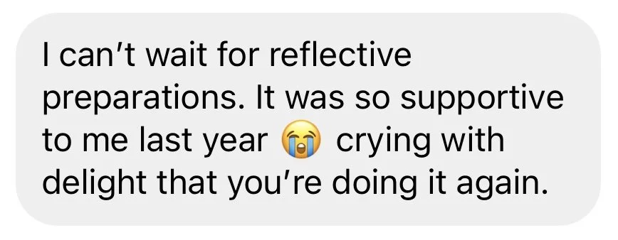 A text message expressing excitement about reflective preparations, mentioning support last year and happiness to see it happening again, with a crying emoji.