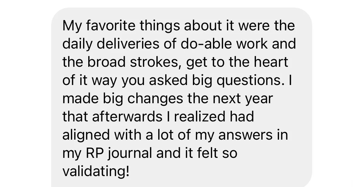 A text message conversation discussing personal reflections on daily work deliveries, big questions, and the validation of answers in a journal.