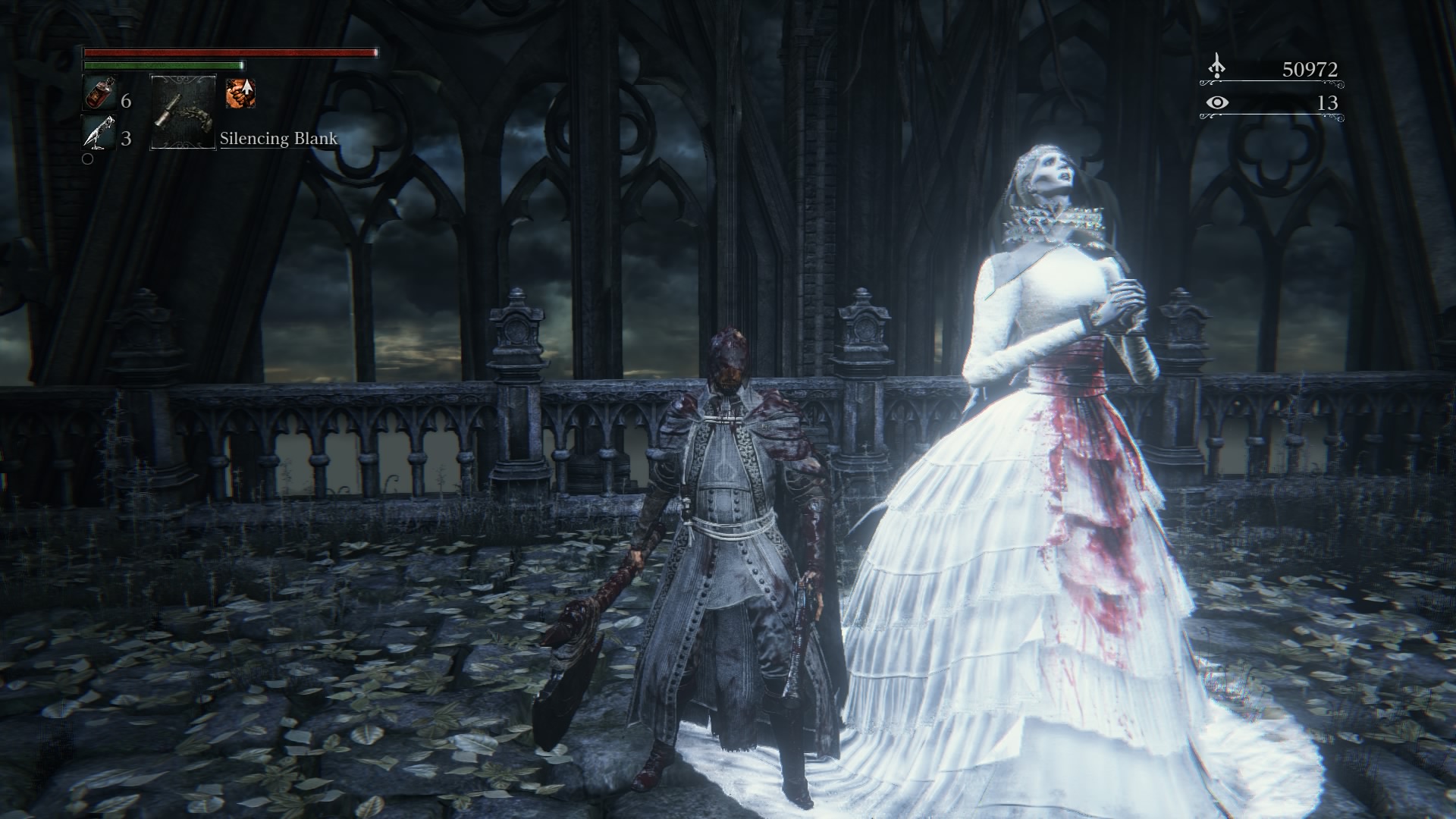 This was either the worst wedding ever or the best wedding ever. Maybe she was really hungry and dug into the meat or or maybe eaten her husband after the ceremony like a praying mantis. I killed her moments after this was taken, in bloodborne i leaned to always kill everything and double tap when they're down just to make sure. Brides be damned.