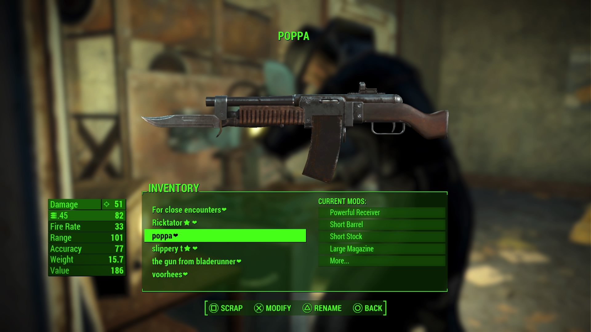 Good old Poppa. Trusty, reliable. He takes care of me. This bad boy is my go to weapon in Fallout 4. We've been through so much together. I'm just so glad that the Fallout 3 weapons breakdown mechanic is gone. I dunno if i could have handled the management of it all or the loss of a beloved companion. 