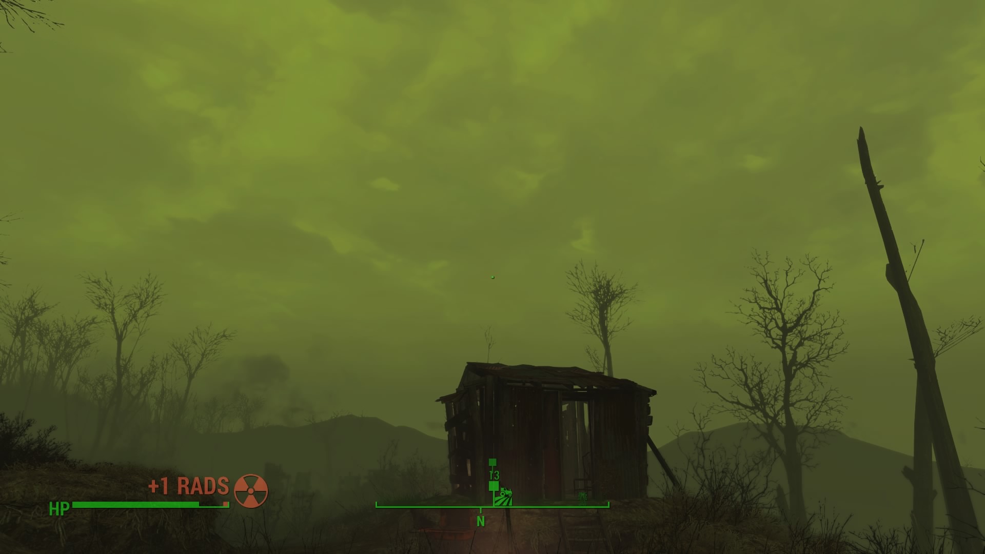 The dynamic weather in fallout 4 adds so much life to the game. I don't know what else to call this but a Radiation storm or a green out. It just rolled in and scared the dookie outta me. There was lightning and shit everywhere, i went inside the shed for a while. Some bitch was living there so i slept in her bed for 2 hours to ride out the storm; left her an old fan and a fire extinguisher as thanks then left. 10/10