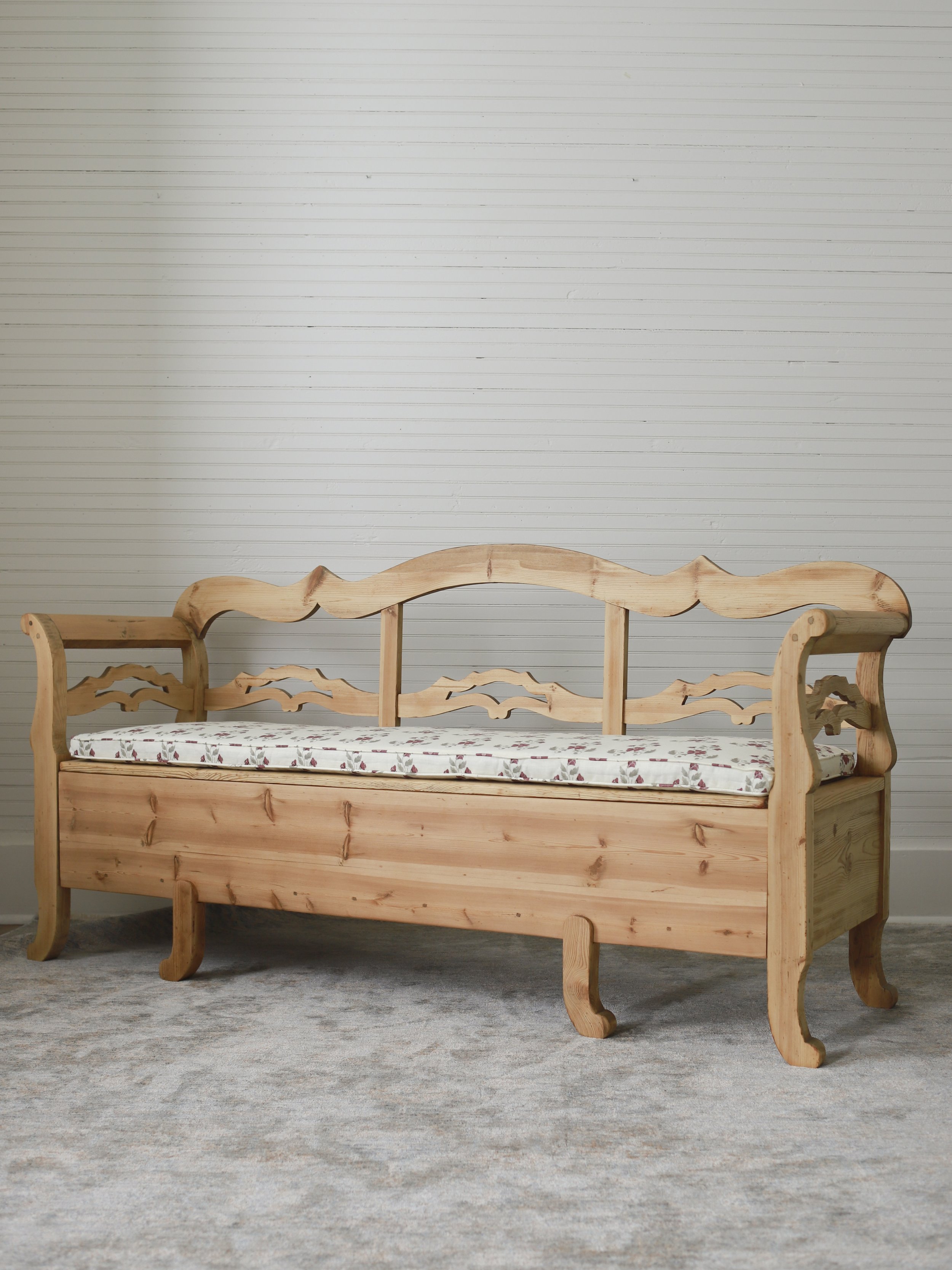 19th C Swedish Pine Bench with Cushion
