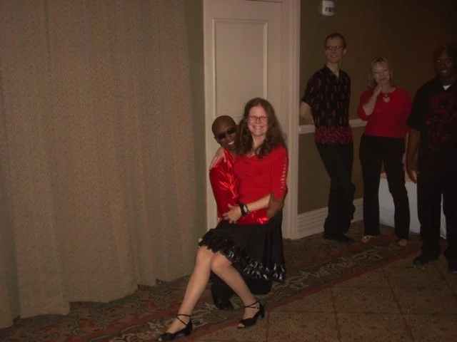 Glen and Barb posing for the camera, dressed up for a show