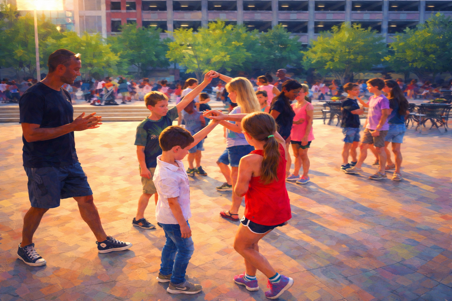 A stylized image of children dancing in an outdoor space