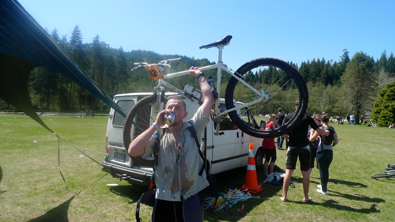 Chris at the Single Speed World Champs, ''in a world of pain''. ''Training was too focussed on the beer shortcuts!''