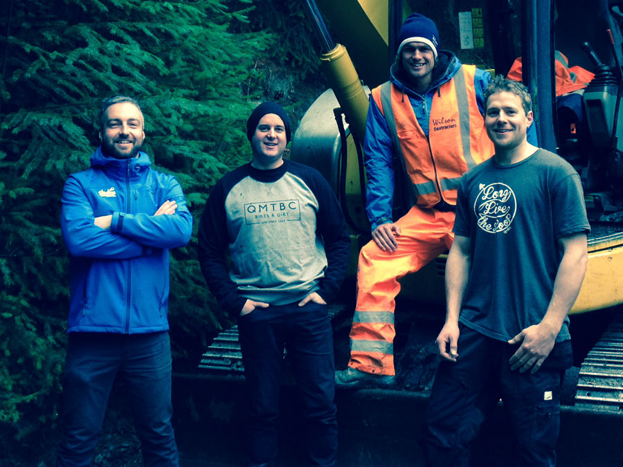 (From left) Skyline MTB Operations Manager Justin Matthews, QMTBC Committee Member Fraser Gordon, Calum Wilson from Wilson Contracting and Kepler Rek, QMTBC Downhill Sub-Committee Member get ready for excavation works on the Queenstown Bike Park’s new gravity jump trail.