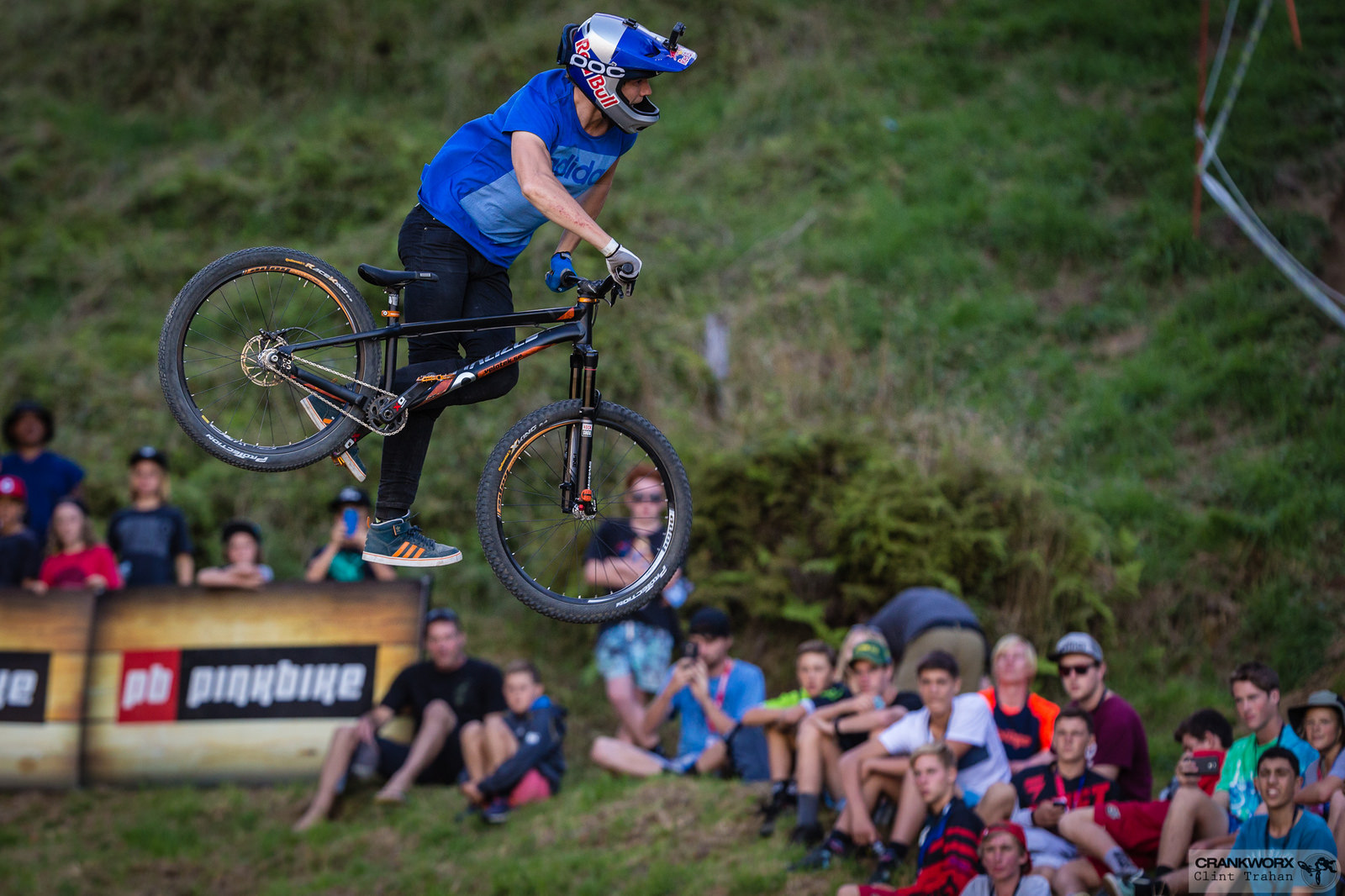 Martin Soderstom performs for the fans during the Mons Royale Dual Speed and Style at Crankworx in Rotorua, New Zealand. Photo - Clint Trahan