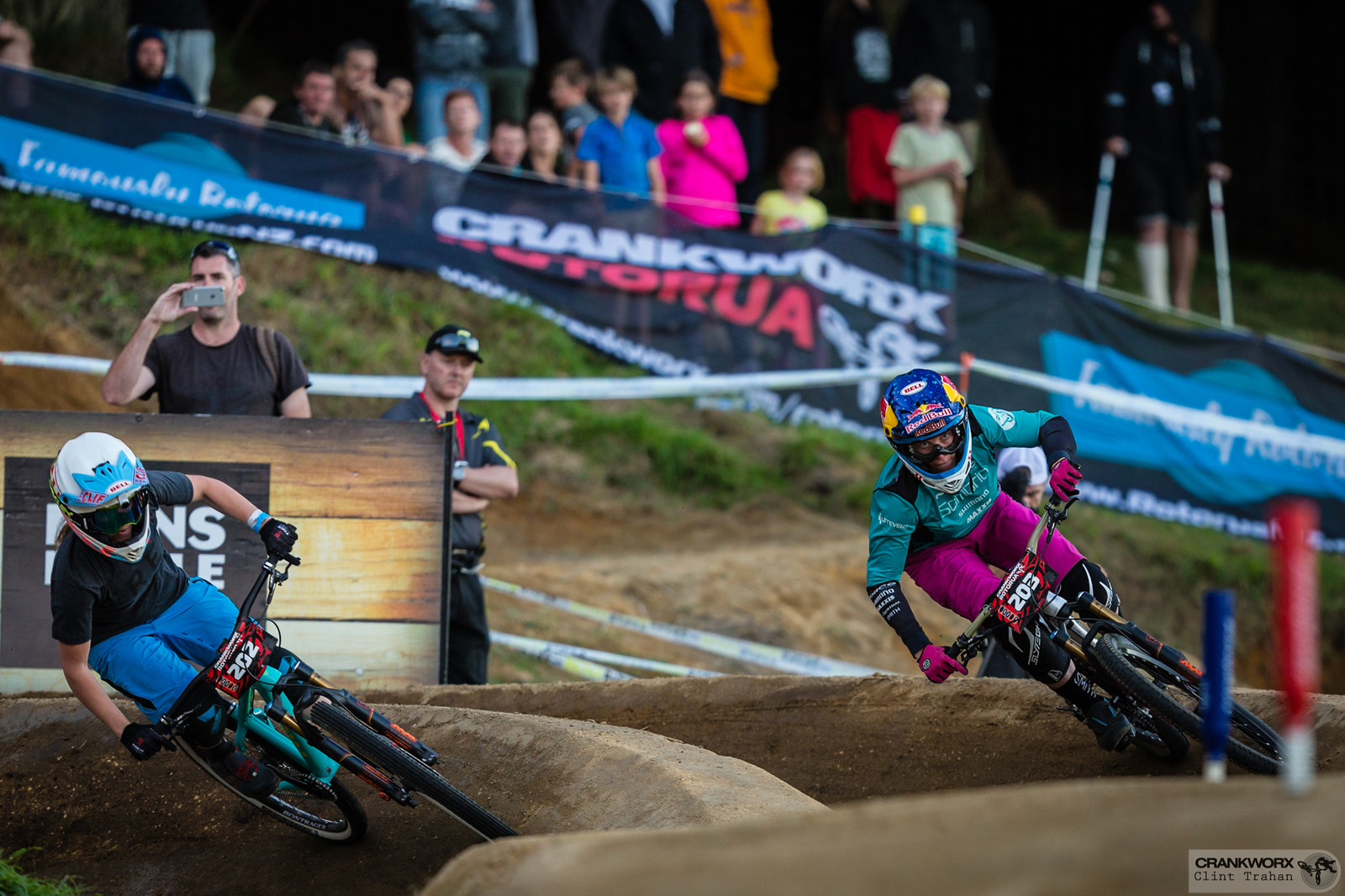 Jill Kintner and Casey Brown during the Mons Royale Dual Speed and Style at Crankworx in Rotorua, New Zealand. Photo - Clint Trahan
