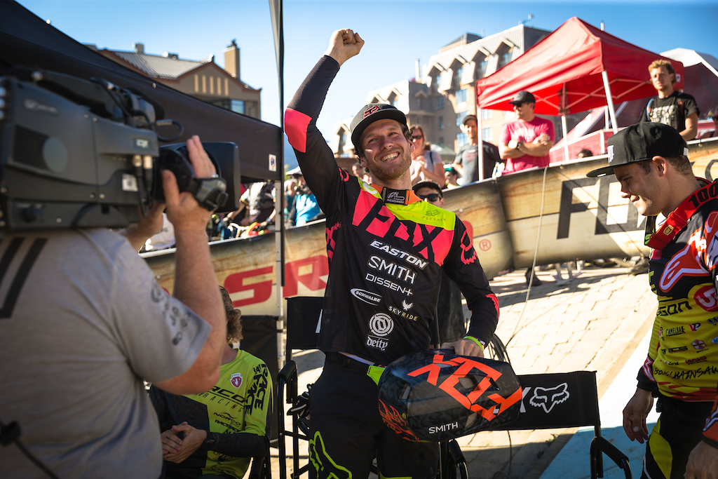Bas van Steenbergen fist pumps his victory in the Fox air DH after waiting through 20 riders for the win at Crankworx Whistler. Photo: Clint Trahan/Crankworx