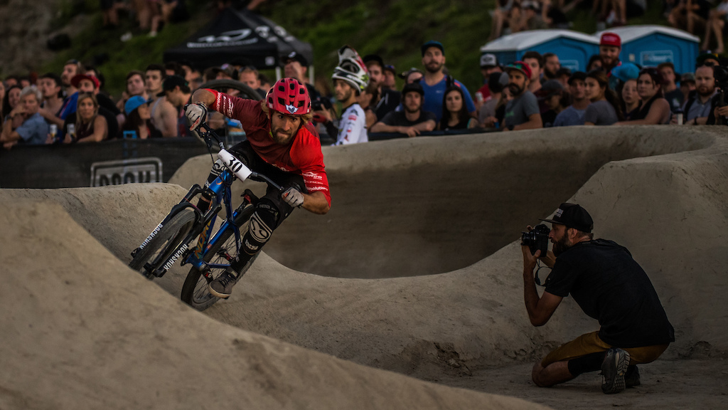 Adrien Loron during his second-place finishing run of the Ultimate Pump Track Challenge presented by Rockshox at Crankworx Whistler. Photo: Sean St Denis