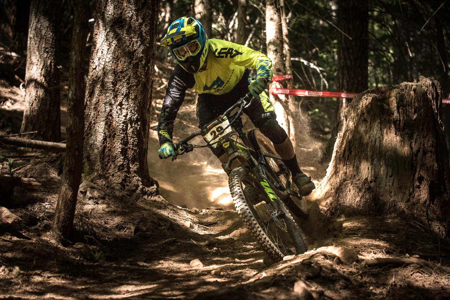 Fastest Kiwi on the day, Joe Nation boots up some roost in the dry chute of stage 3.