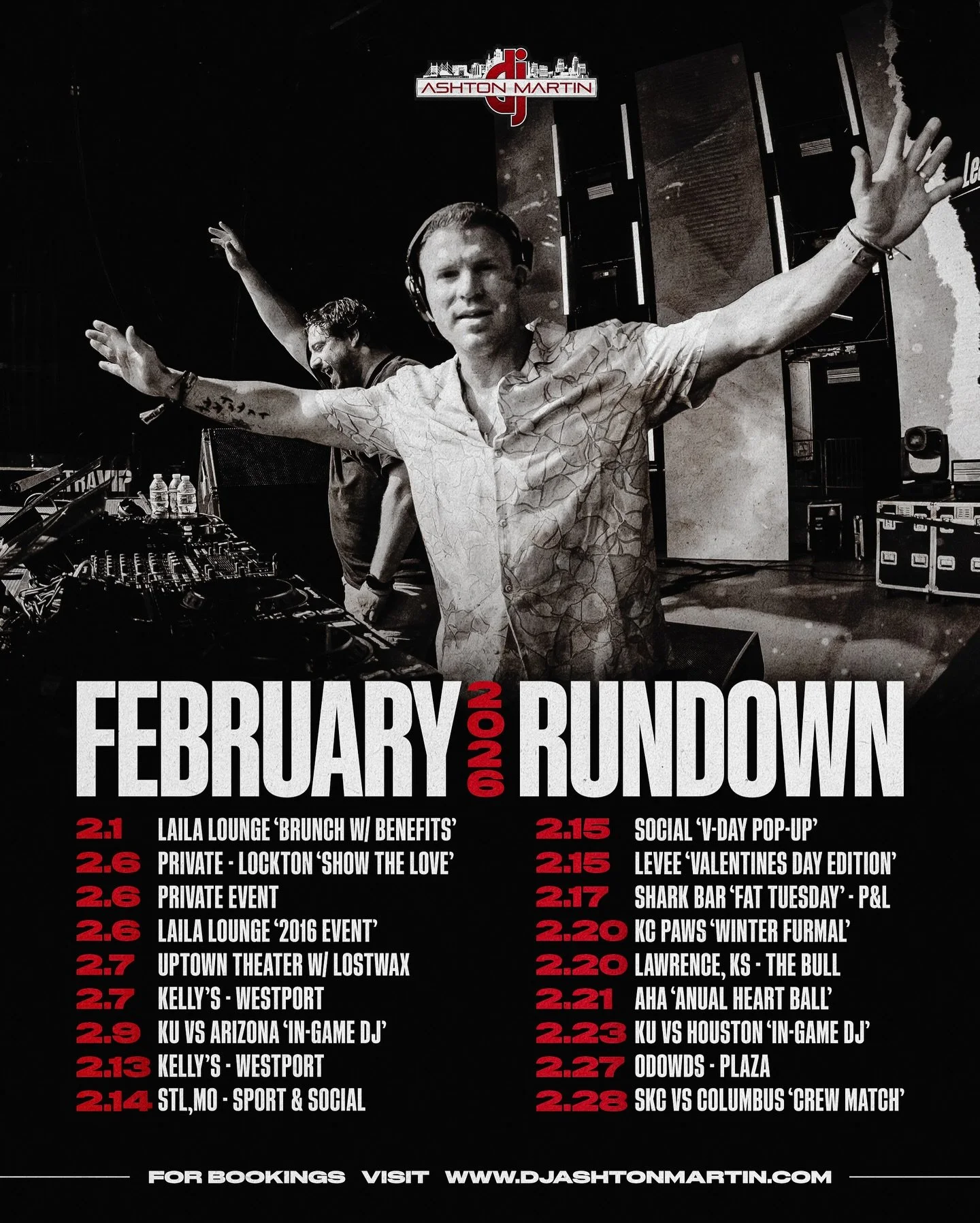 February party lineup is here💥🎧 See you on the dance floor

Excited to be back in Lawrence for @kuhoops in-game DJ for some elite BIG12 games🏀 2/9 vs Arizona &amp; 2/23 vs Houston🔥