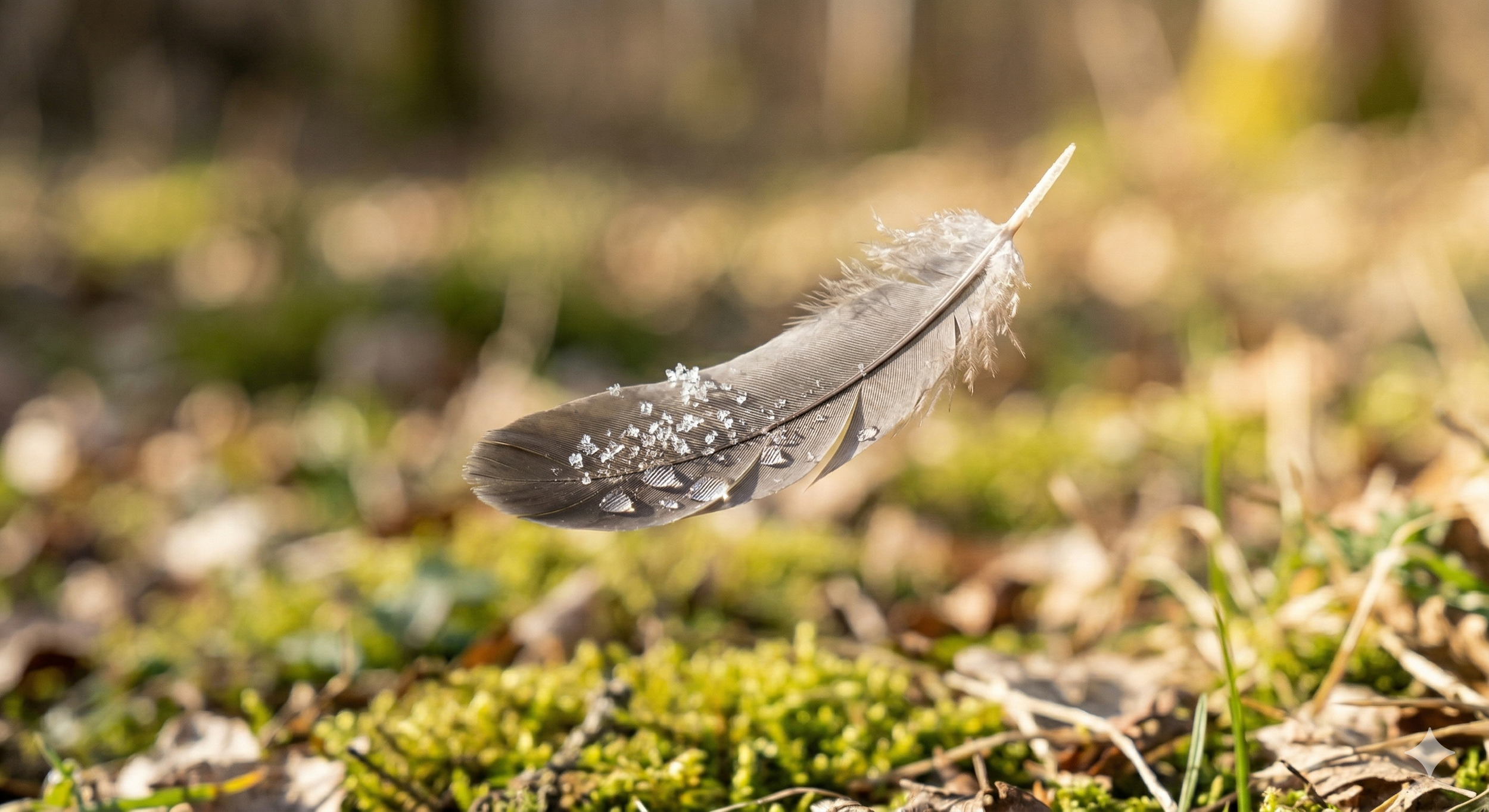 Feder liegt auf dem Boden, winzige Schneeflocken liegen auf den Federn, im Hintergrund unscharfer Wald oder Wiese, Sonnenschein.