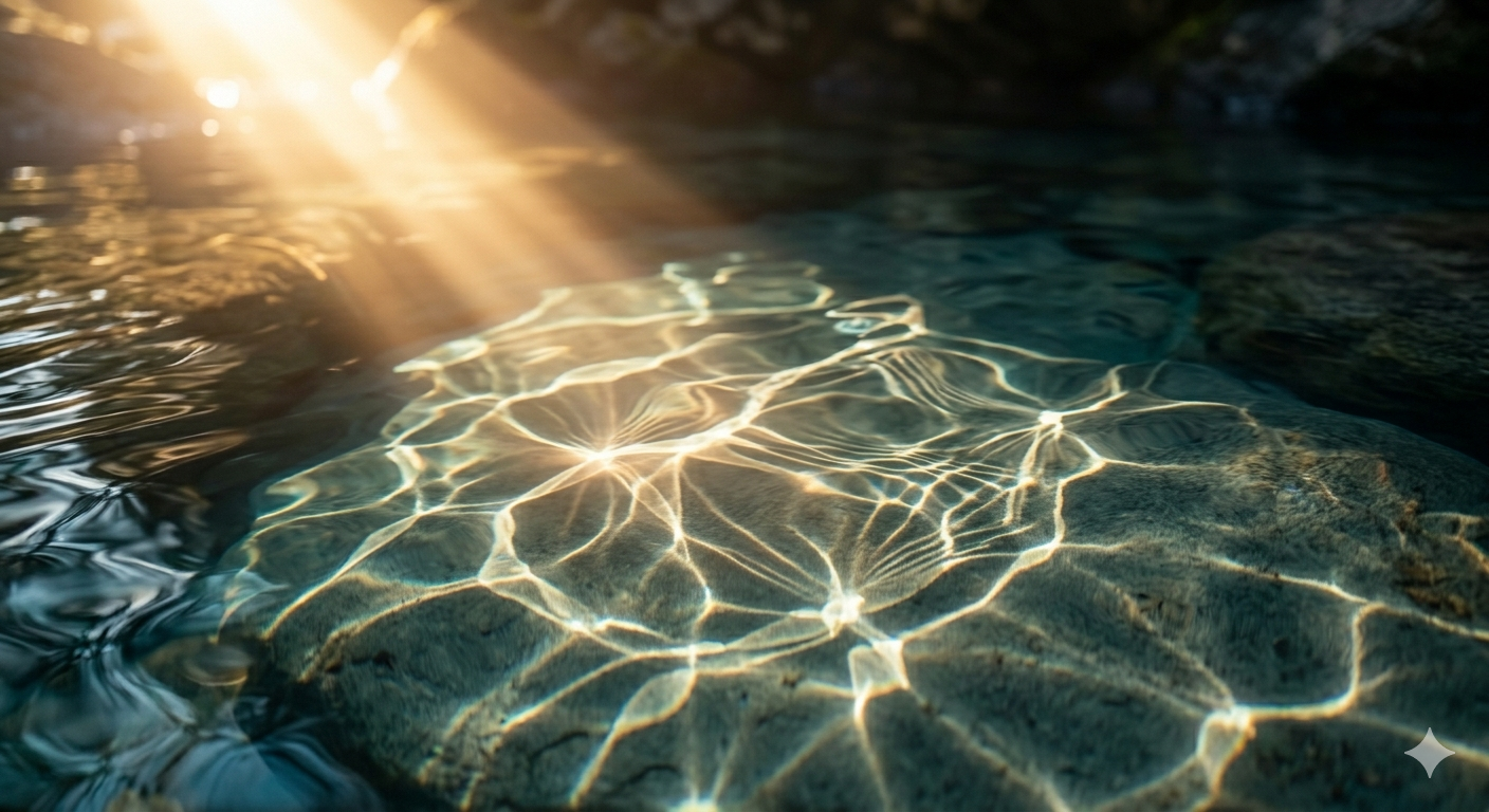 Sonnenstrahlen spiegeln sich auf Quellwasser und reflektieren auf Steinen im Wasser.