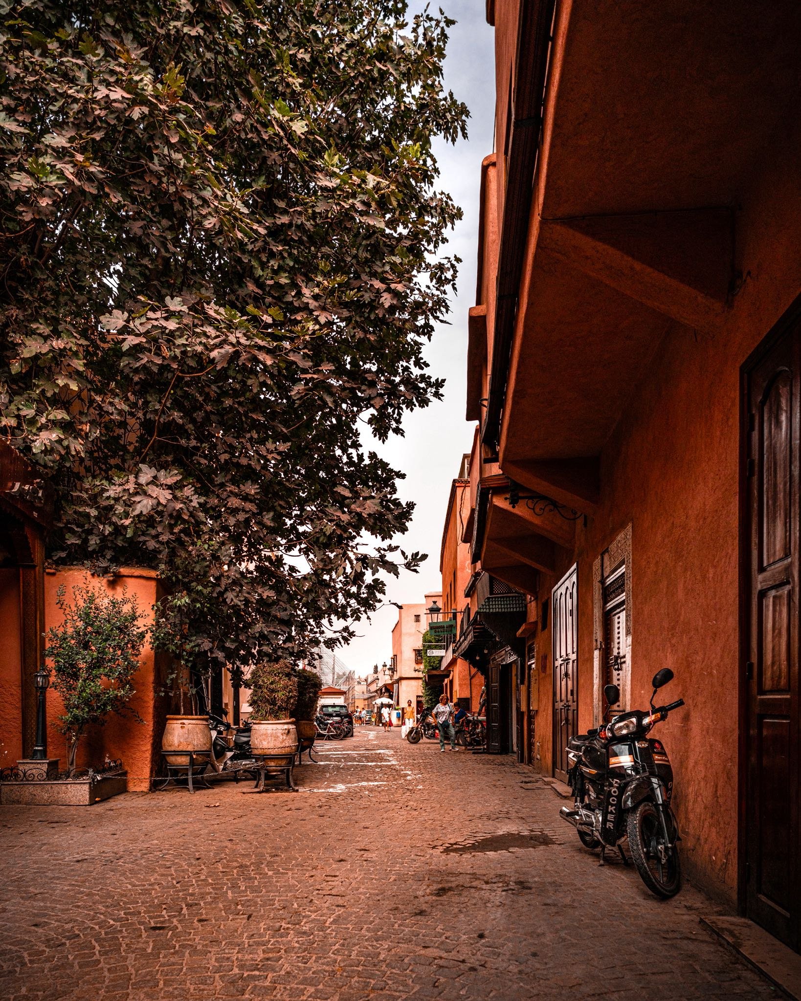 A narrow cobblestone street in a warm-toned town, lined with buildings on one side and large potted plants on the other, with a few motorcycles and pedestrians visible.