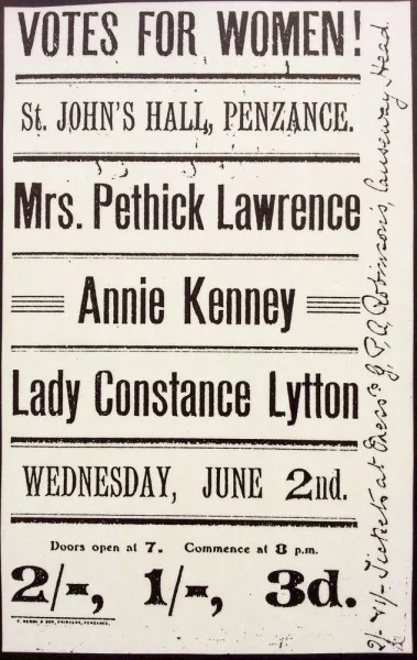 Votes for Women rally poster, Penzance, 1911